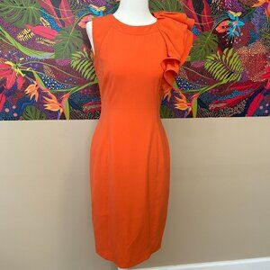 Calvin Klein size 2 tangerine orange sheath cocktail dress with shoulder ruffle